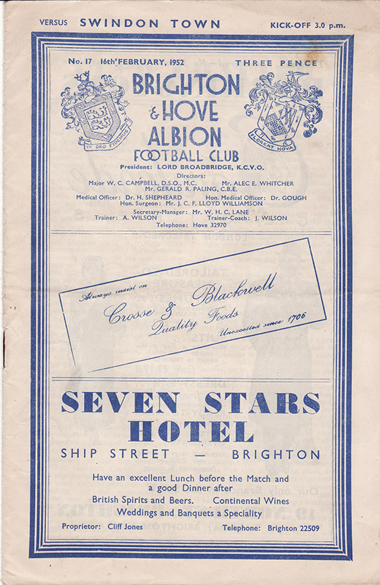 <b>Saturday, February 16, 1952</b><br />vs. Brighton and Hove Albion (Away)